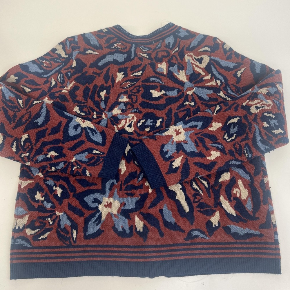 Woolovers Cardigan Sweater Womens Medium Blue Red Floral Full Zip‎ Wool Cotton - Picture 5 of 16